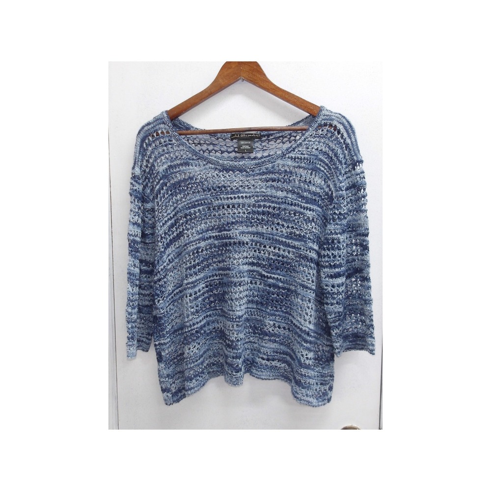 United States Sweaters Blue White Crochet Knit 3/4 Sleeve Top Size L/#1367